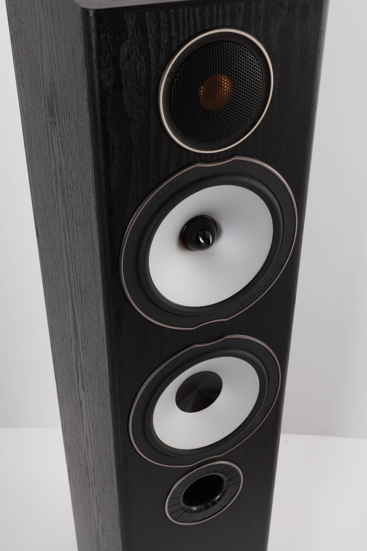 Close up view of a used Monitor Audio Bronze BX5 Floorstanding Speaker in Black Ash