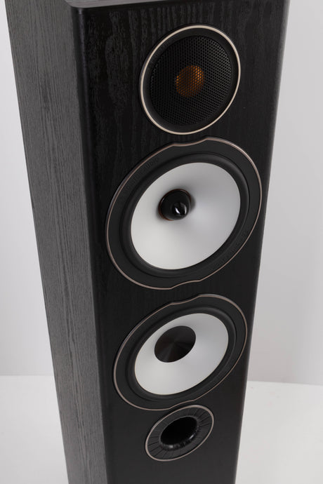 Close up view of a used Monitor Audio Bronze BX5 Floorstanding Speaker in Black Ash
