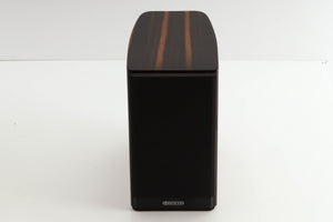 Front view of a used Monitor Audio Gold 50 Standmount Speakers in a piano ebony finish showing Grille