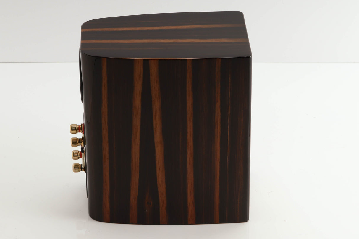 Left side view of a used Monitor Audio Gold 50 Standmount Speakers in a piano ebony finish