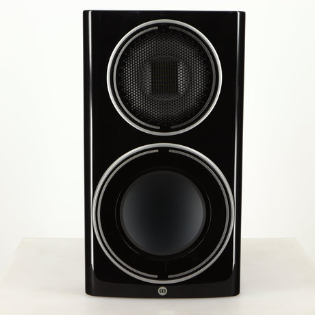 Front view of a used Monitor Audio Platinum PL100 III Standmount Speaker in a piano black finish