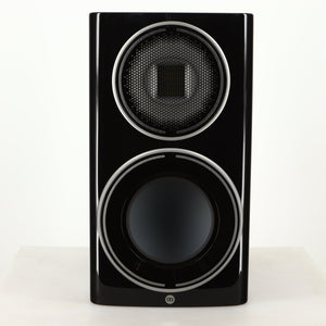Front view of a used Monitor Audio Platinum PL100 III Standmount Speaker in a piano black finish