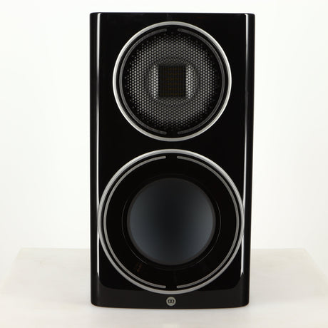 Front view of a used Monitor Audio Platinum PL100 III Standmount Speaker in a piano black finish