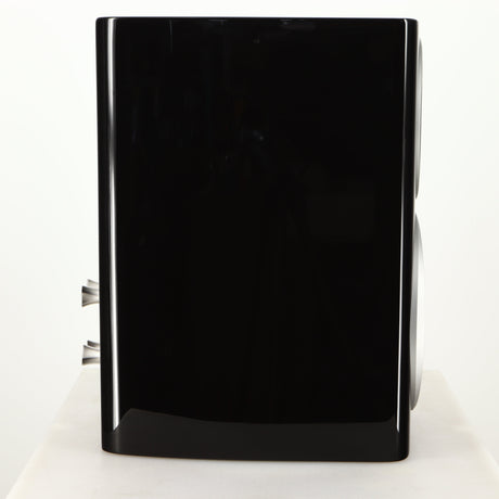 Left side view of a used Monitor Audio Platinum PL100 III Standmount Speaker in a piano black finish