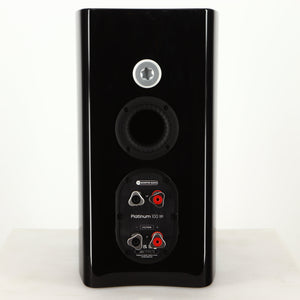 Rear view of a used Monitor Audio Platinum PL100 III Standmount Speaker in a piano black finish