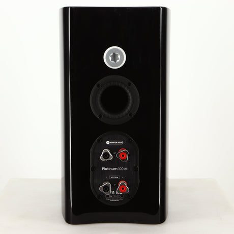 Rear view of a used Monitor Audio Platinum PL100 III Standmount Speaker in a piano black finish