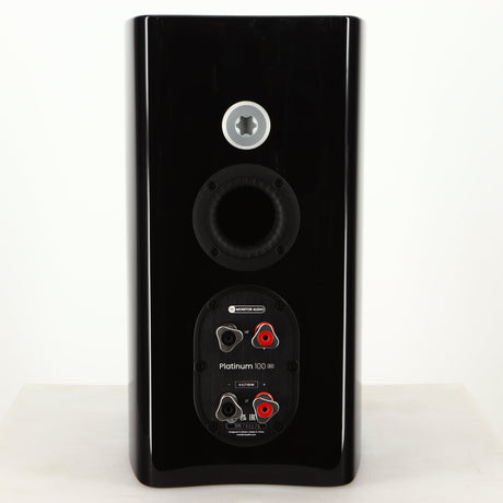 Rear view of a used Monitor Audio Platinum PL100 III Standmount Speaker in a piano black finish