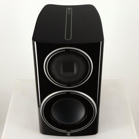 Top of a used Monitor Audio Platinum PL100 III Standmount Speaker in a piano black finish
