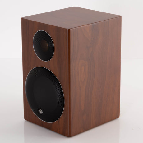 Front right corner of a used Monitor Audio Radius 90 Standmount Speaker in a Rosewood finish