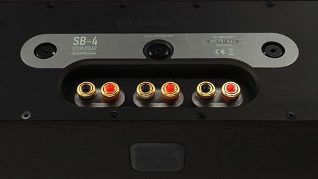 Close up of a used Monitor Audio SB-4 Soundbar in a black finish showing some of the rear