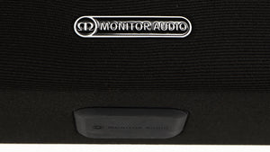 Close up of a used Monitor Audio SB-4 Soundbar in a black finish showing logo