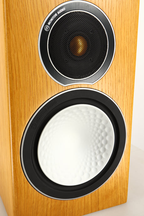 Close up view of a used Monitor Audio Silver 1 Standmount Speaker in Natural Oak finish