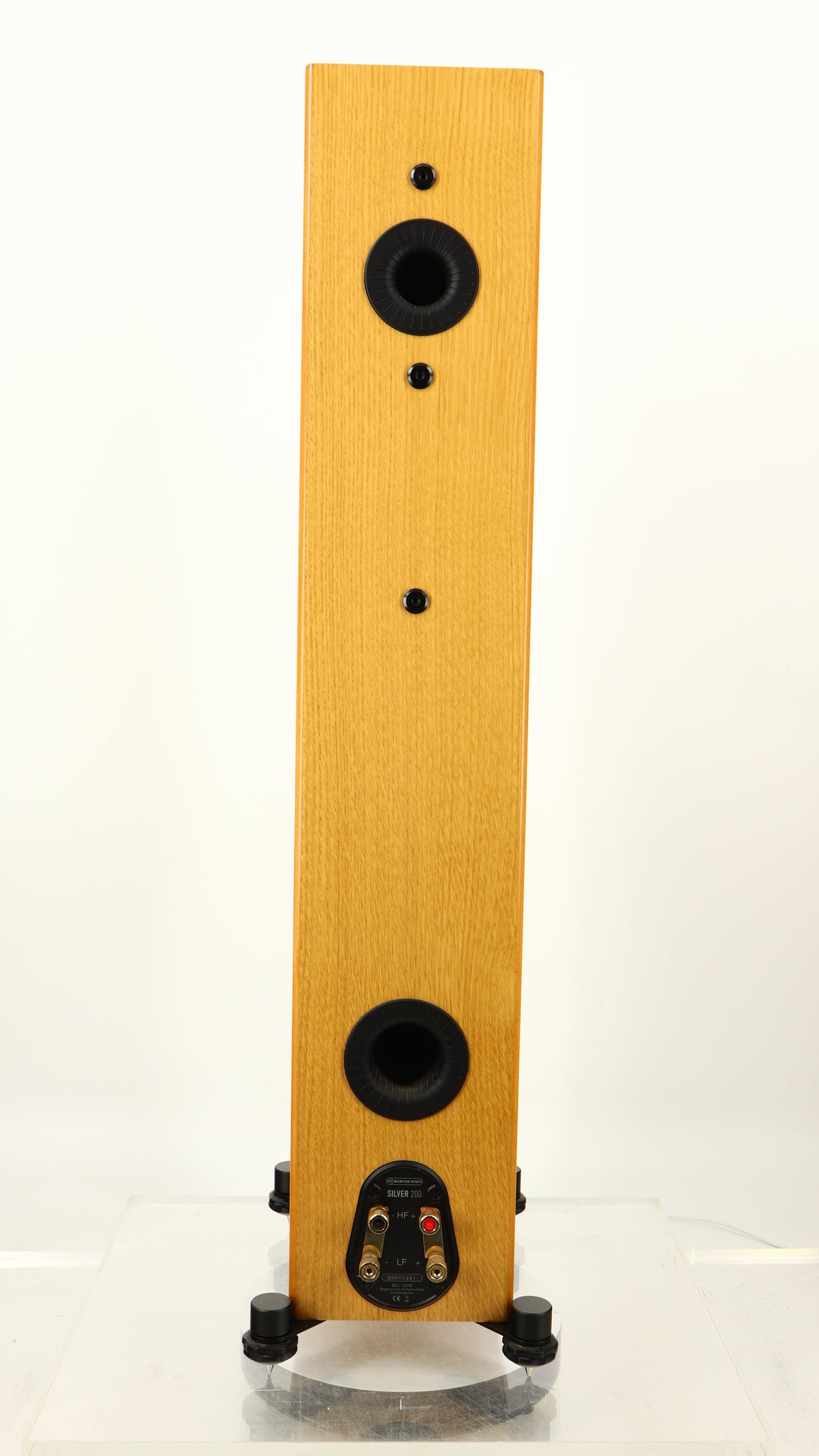 Rear view of a used Monitor Audio Silver 200 6G Floorstanding Speakers in an oak finish
