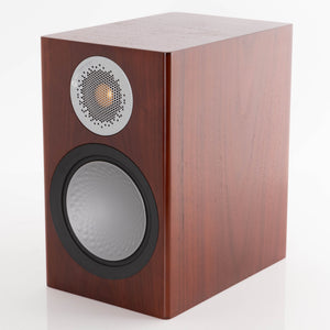 Front right corner of a used Monitor Audio Silver 50 6G Standmount Speaker in a Walnut finish