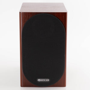 Front view of a used Monitor Audio Silver 50 6G Standmount Speaker in a Walnut finish showing Grille