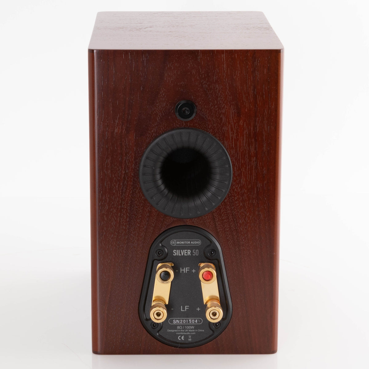 Rear view of a used Monitor Audio Silver 50 6G Standmount Speaker in a Walnut finish