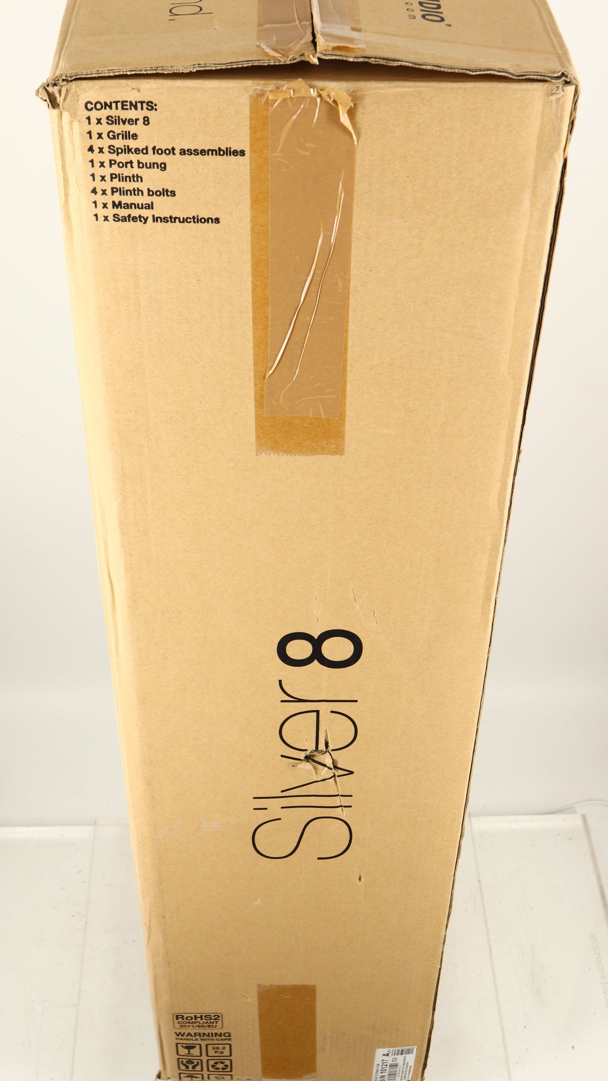 Box for a used Monitor Audio Silver 8 Floorstanding Speaker in a black oak finish