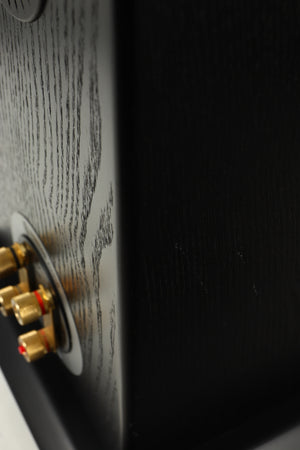 Close up of a used Monitor Audio Silver 8 Floorstanding Speaker in a black oak finish showing scratching on left side
