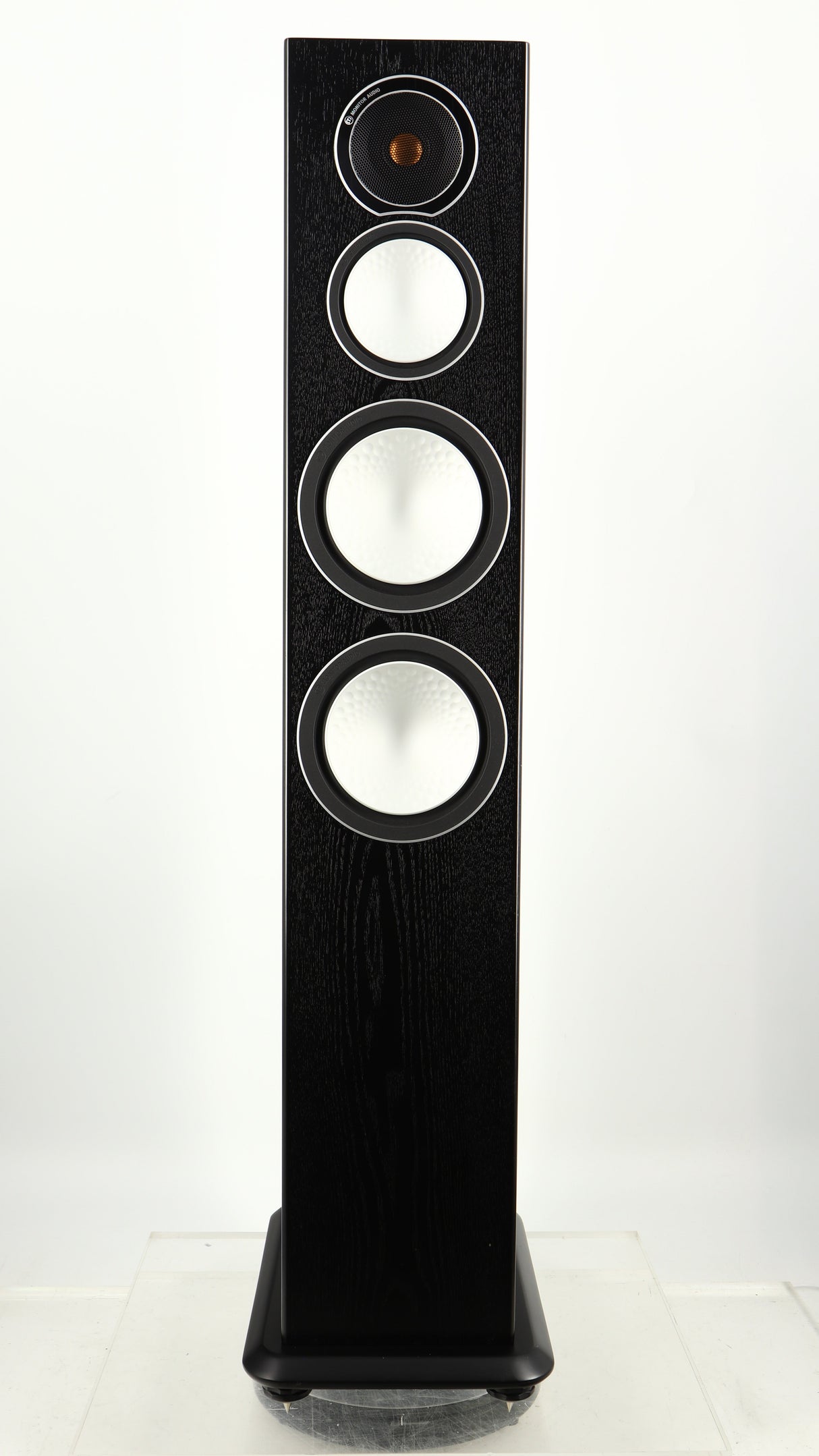 Front view of a used Monitor Audio Silver 8 Floorstanding Speaker in a black oak finish