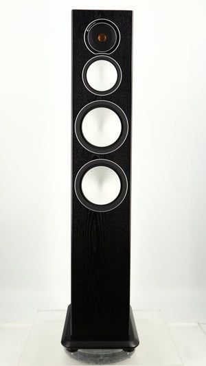 Front view of a used Monitor Audio Silver 8 Floorstanding Speaker in a black oak finish