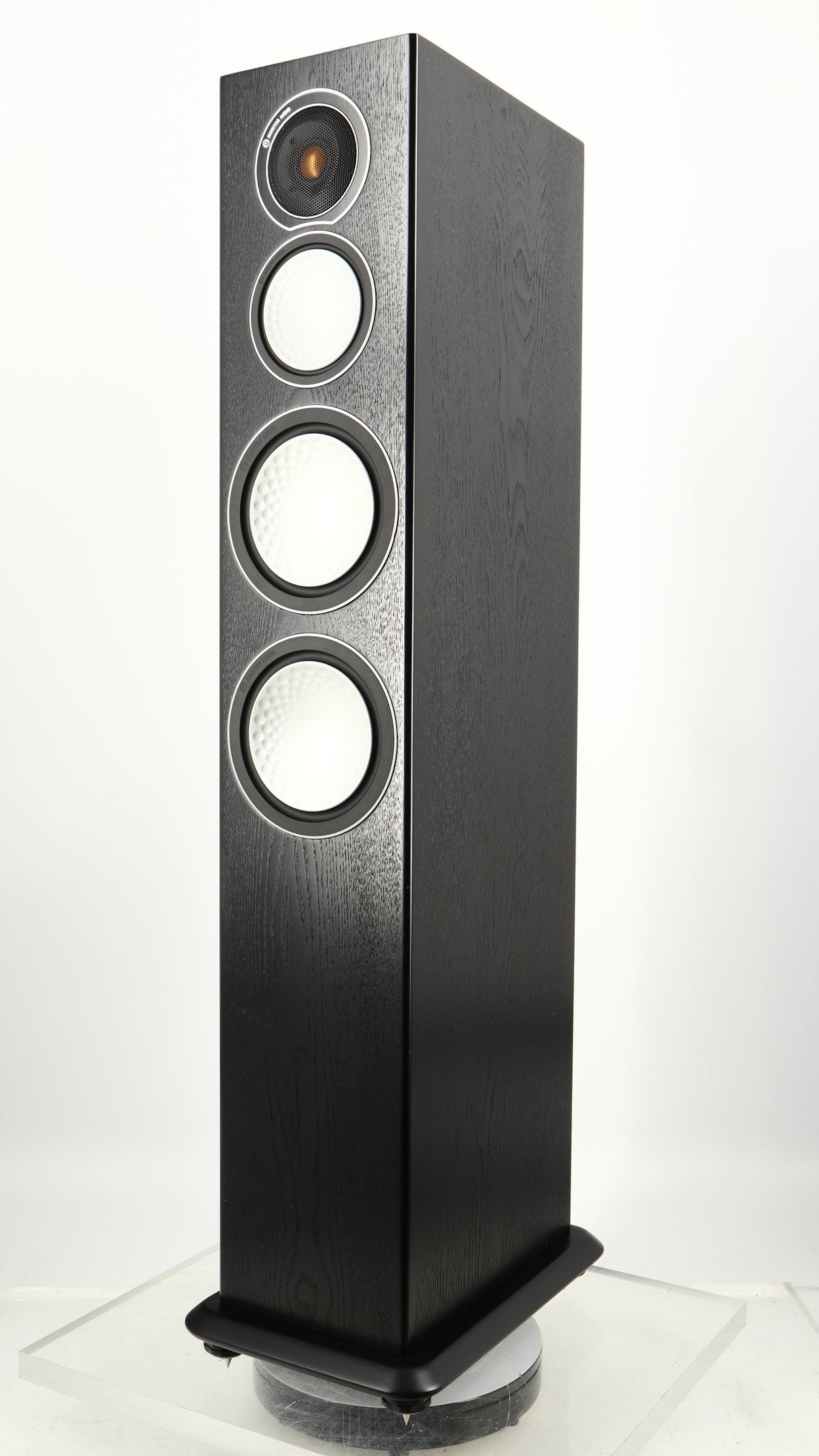 Front right corner of a used Monitor Audio Silver 8 Floorstanding Speaker in a black oak finish
