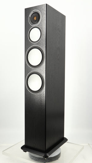 Front right corner of a used Monitor Audio Silver 8 Floorstanding Speaker in a black oak finish