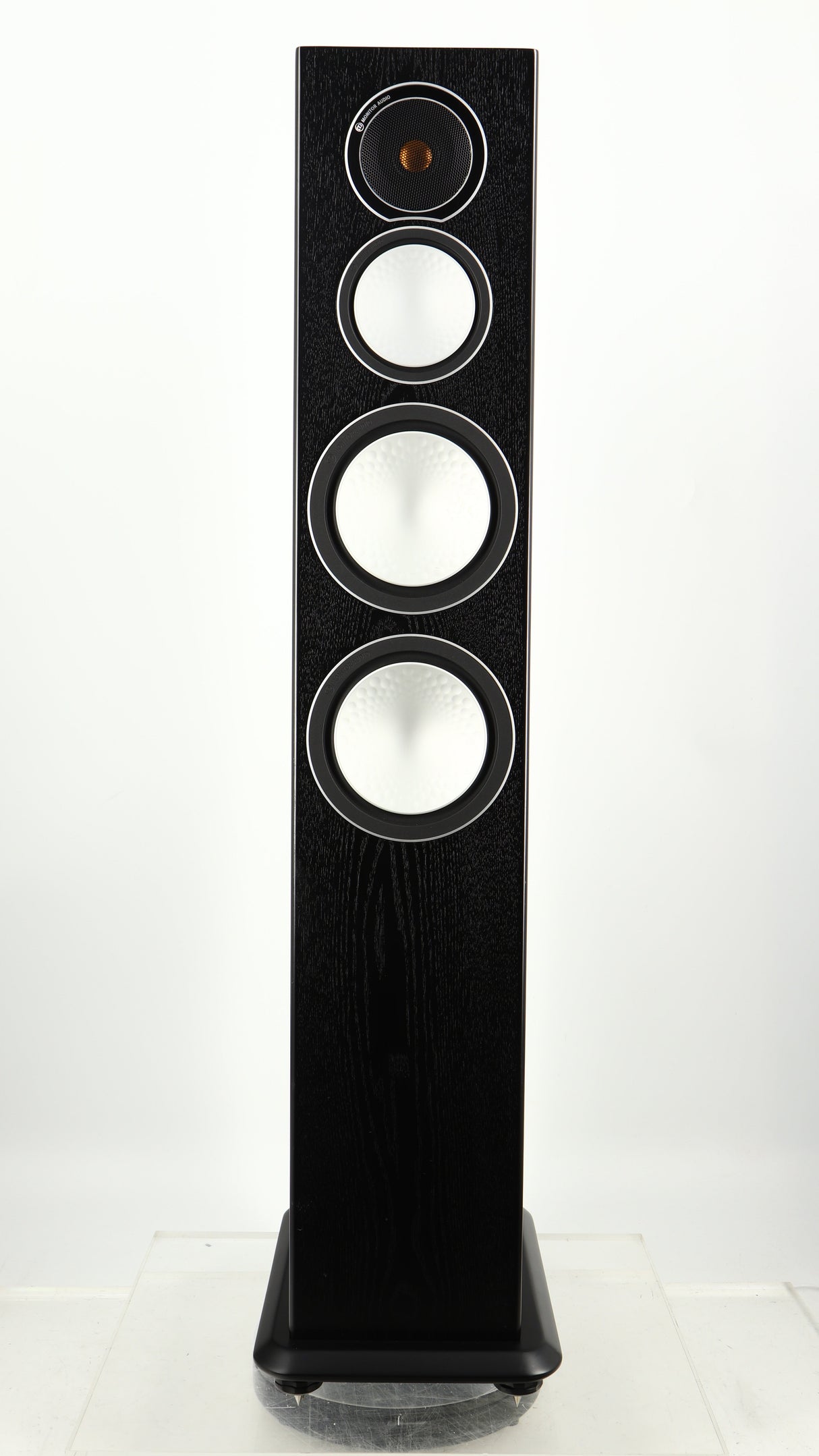 Front view of a used Monitor Audio Silver 8 Floorstanding Speaker in a black oak finish