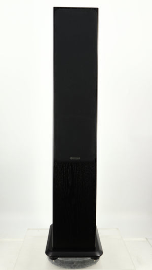 Front view of a used Monitor Audio Silver 8 Floorstanding Speaker in a black oak finish showing grille