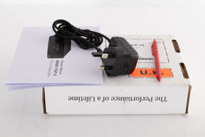 Box of a used Moon 110LP v2 Phonostage with mains cable, manual, and dip stick