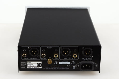 Rear view of a used Moon 310LP Phonostage in a silver finish showing Phono Inputs and Outputs and Mains Input