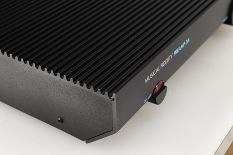 Front left corner of a used Musical Fidelity 3A Pre Amplifier in a black finish