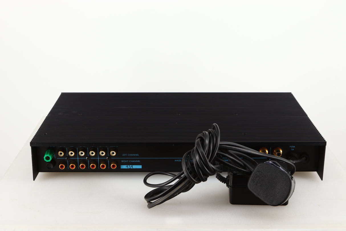 Rear view of a used Musical Fidelity 3A Pre Amplifier in a black finish showing Phono Inputs