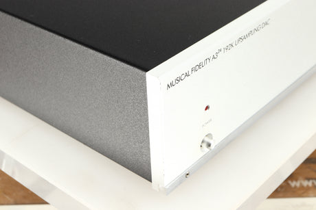 Front left corner of a used Musical Fidelity A3 24 192 Upsampling DAC 