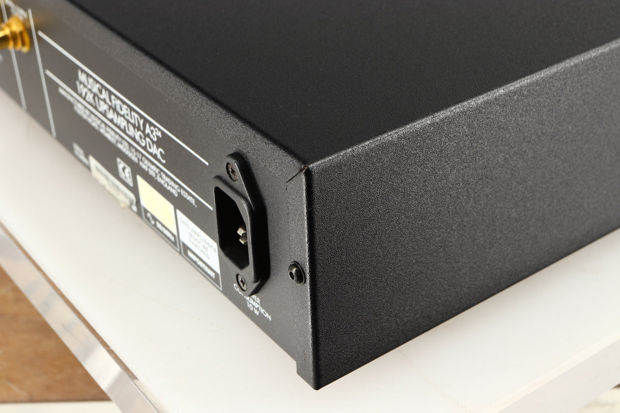 Rear left corner of a used Musical Fidelity A3 24 192 Upsampling DAC 