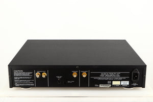 Rear view of a used Musical Fidelity A3 24 192 Upsampling DAC showing Mains Cable, Optical Output and Phono Outputs