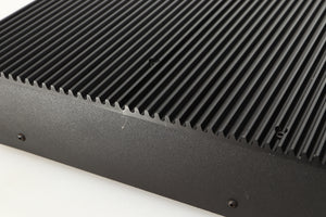 Close up of a used Musical Fidelity B200 Integrated Amplifier in a black finish showing scratch on right side