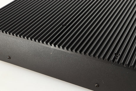 Close up of a used Musical Fidelity B200 Integrated Amplifier in a black finish showing scratch on right side
