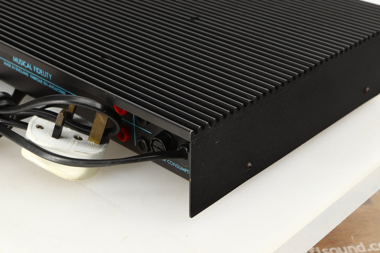 Rear left corner of a used Musical Fidelity B200 Integrated Amplifier in a black finish