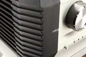 Close up of a used Musical Fidelity KW250S Integrated System showing damage on fascia