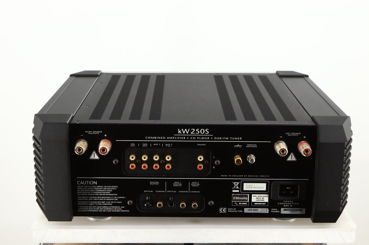 Rear view of a used Musical Fidelity KW250S Integrated System showing Phono Inputs, Phono Outputs, Power Input, Speaker Outputs, Optical Input and Optical Output
