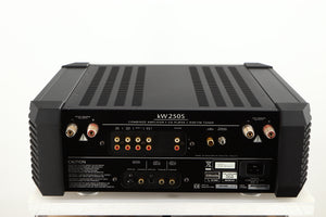 Rear view of a used Musical Fidelity KW250S Integrated System showing Phono Inputs, Phono Outputs, Power Input, Speaker Outputs, Optical Input and Optical Output