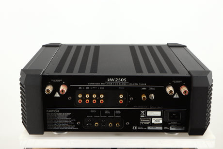 Rear view of a used Musical Fidelity KW250S Integrated System showing Phono Inputs, Phono Outputs, Power Input, Speaker Outputs, Optical Input and Optical Output