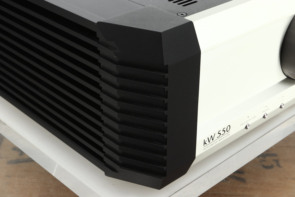 Front left corner view of a used Musical Fidelity KW550 Integrated Amplifier 