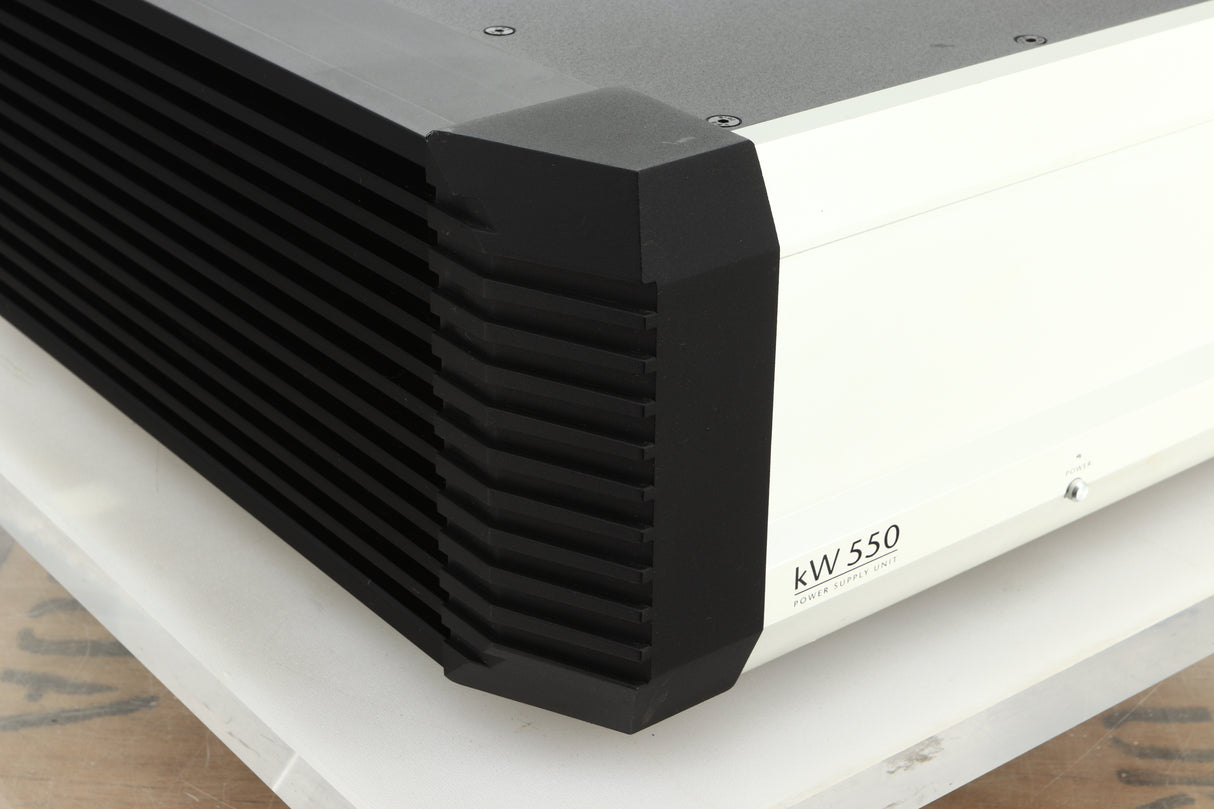 Front left corner view of a used Musical Fidelity KW550 Integrated Amplifier Power Supply