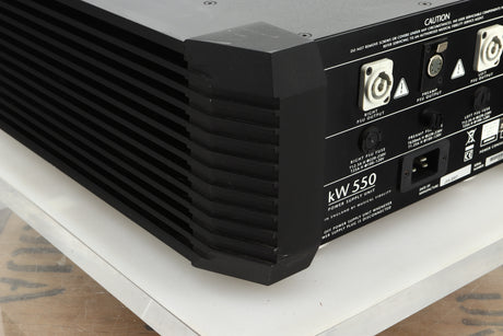 Rear left corner view of a used Musical Fidelity KW550 Integrated Amplifier Power Supply