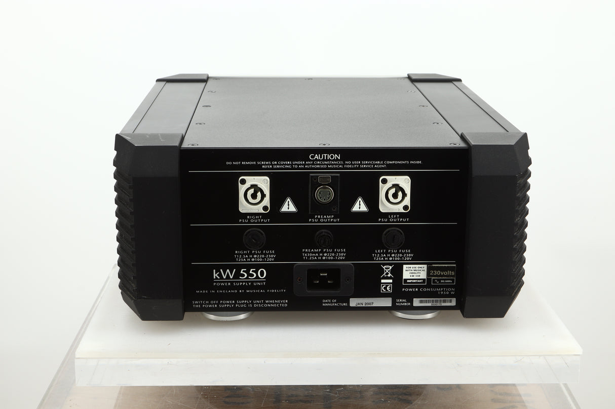 Rear view of a used Musical Fidelity KW550 Integrated Amplifier Power Supply showing PSU outputs, and mains input