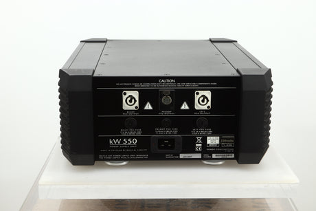 Rear view of a used Musical Fidelity KW550 Integrated Amplifier Power Supply showing PSU outputs, and mains input