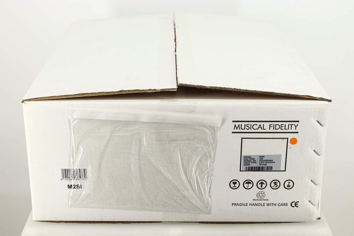 Box for a used Musical Fidelity M2si Integrated Amplifier in a black finish