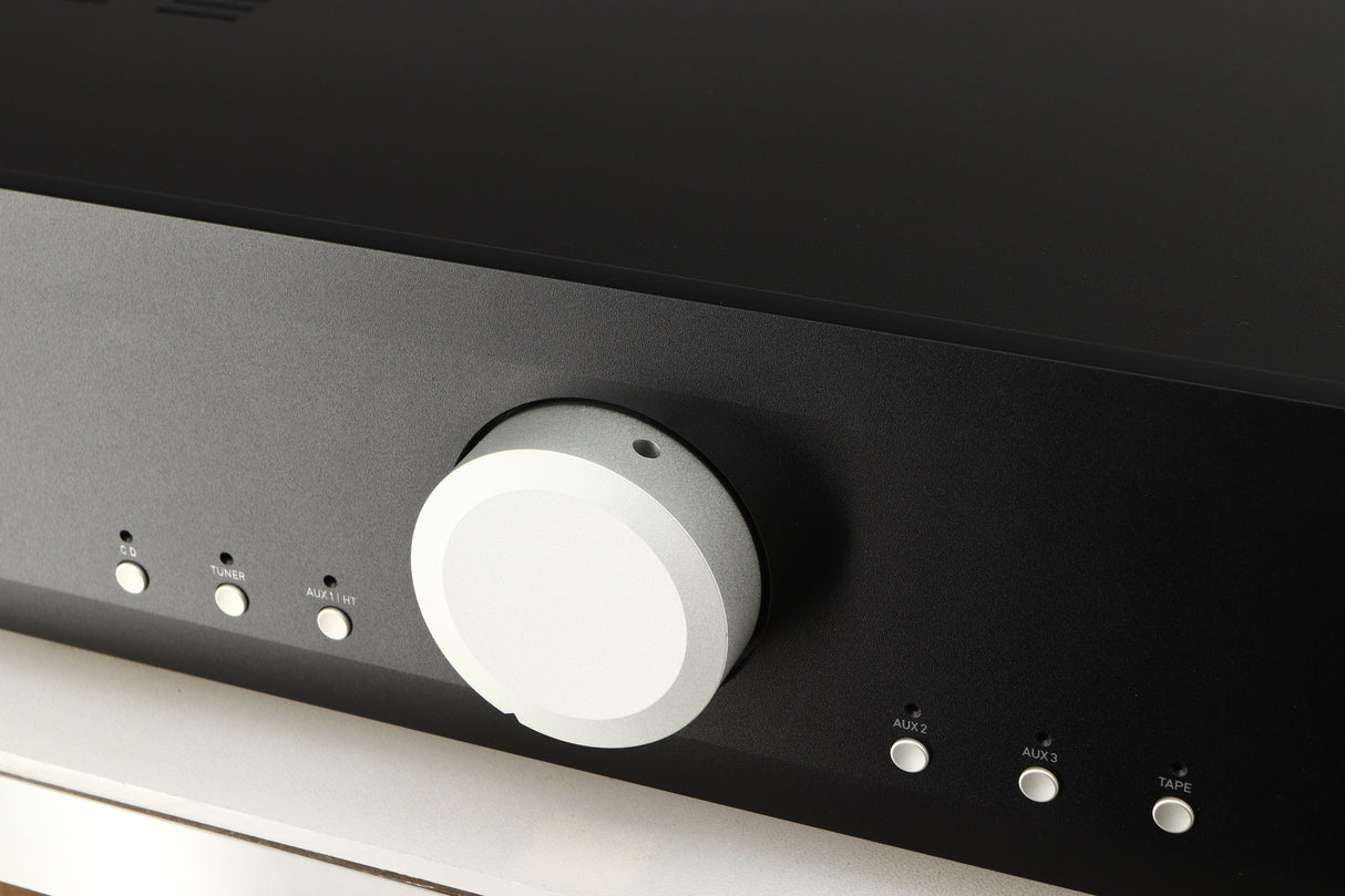 Close up of a used Musical Fidelity M2si Integrated Amplifier in a black finish showing some of the fascia