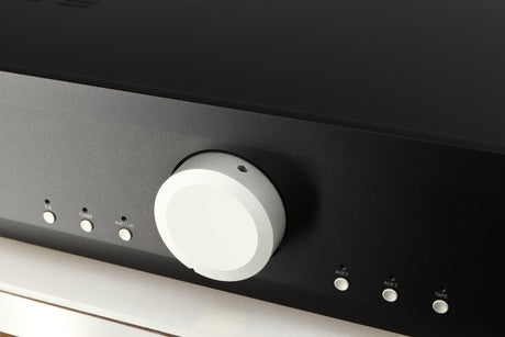 Close up of a used Musical Fidelity M2si Integrated Amplifier in a black finish showing some of the fascia